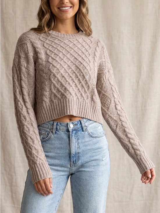 Sweaters - Cable Knit Crop Sweater - Taupe